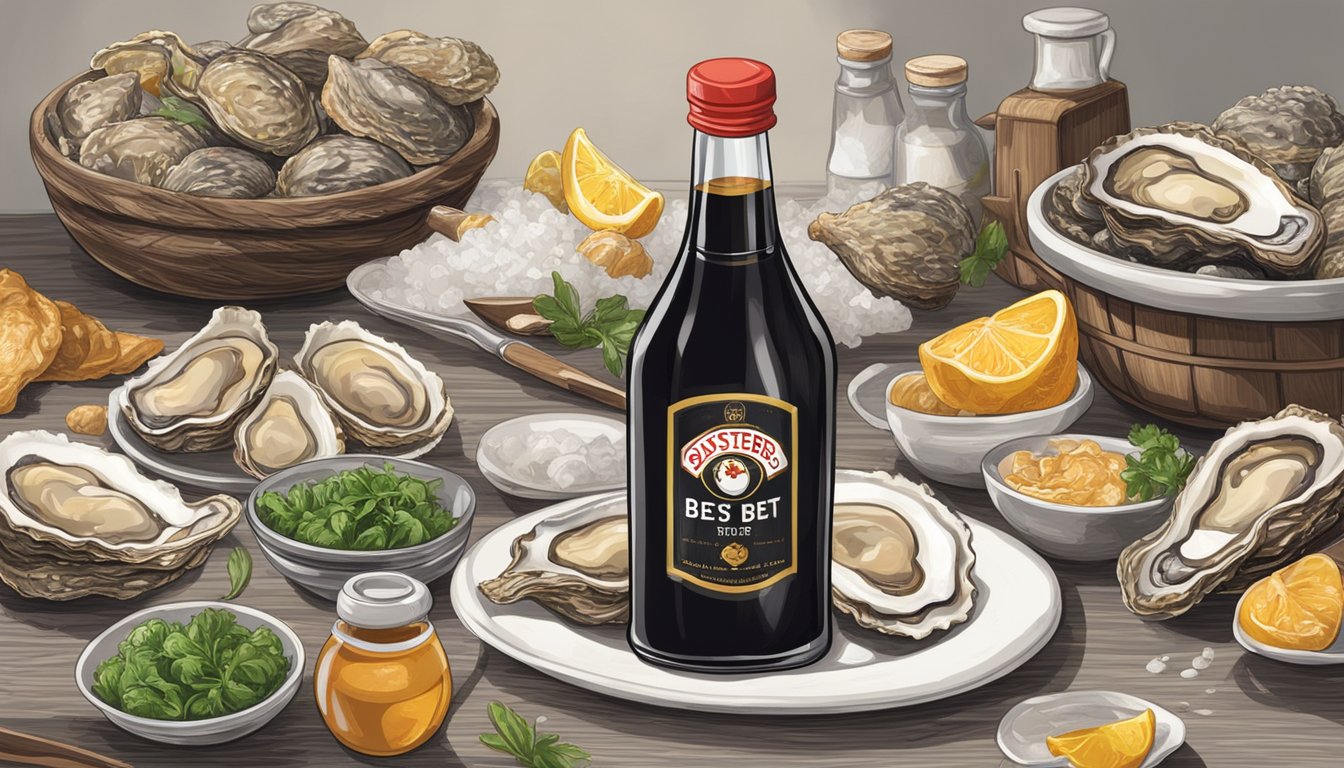 A bottle of oyster sauce with a "best by" date passed, surrounded by fresh oysters and a reassuring chef's thumbs up