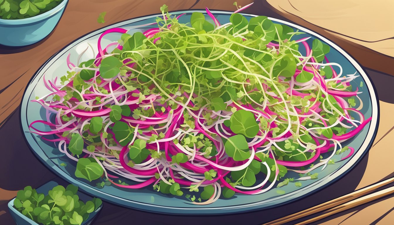 A colorful plate of assorted dishes, with a focus on a vibrant pile of fresh radish sprouts, ready to be incorporated into a meal