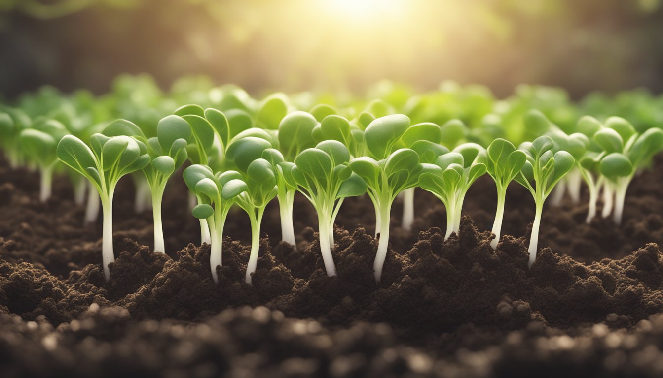 A cluster of radish sprouts emerging from soil, with tiny green leaves unfurling and reaching towards the sunlight