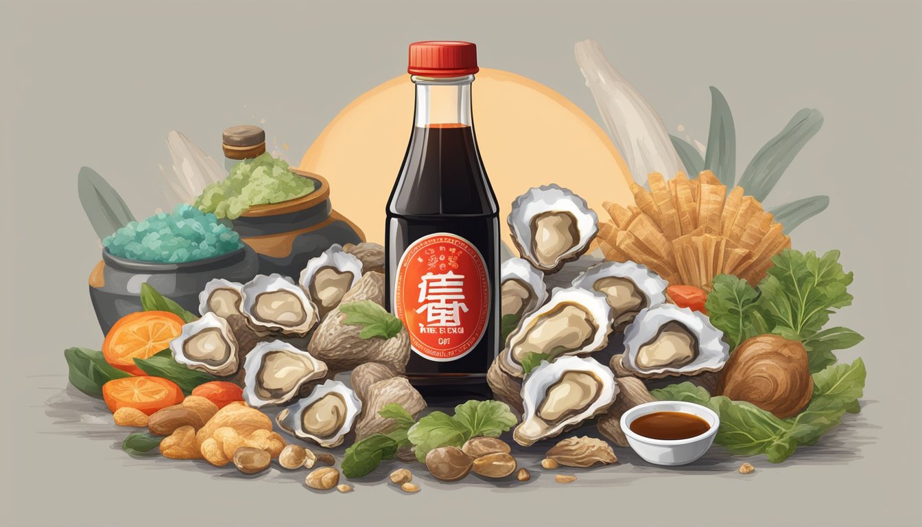 A bottle of oyster sauce with a faded expiration date, surrounded by spoiled and moldy food items