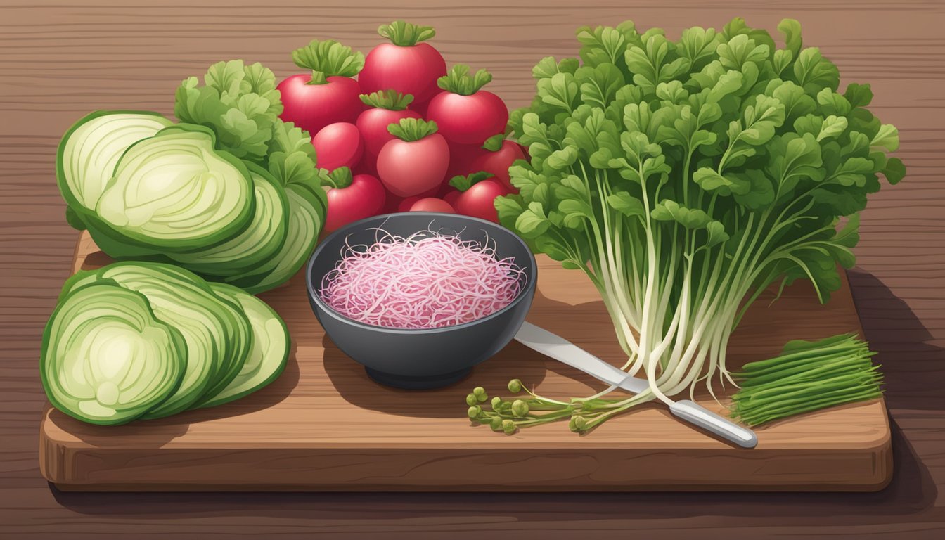 A bowl of raw radish sprouts sits on a wooden cutting board next to a variety of fresh vegetables