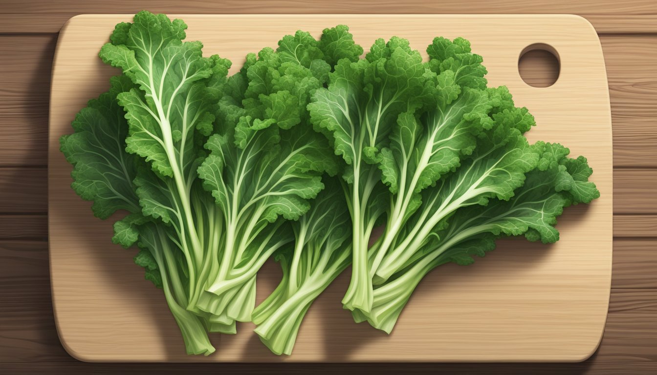 A bunch of fresh mustard greens with vibrant green leaves and a crisp texture, arranged on a clean cutting board