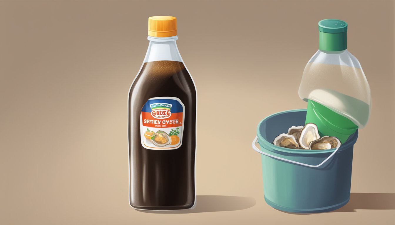 An open bottle of expired oyster sauce with visible mold and a foul odor, next to a trash can