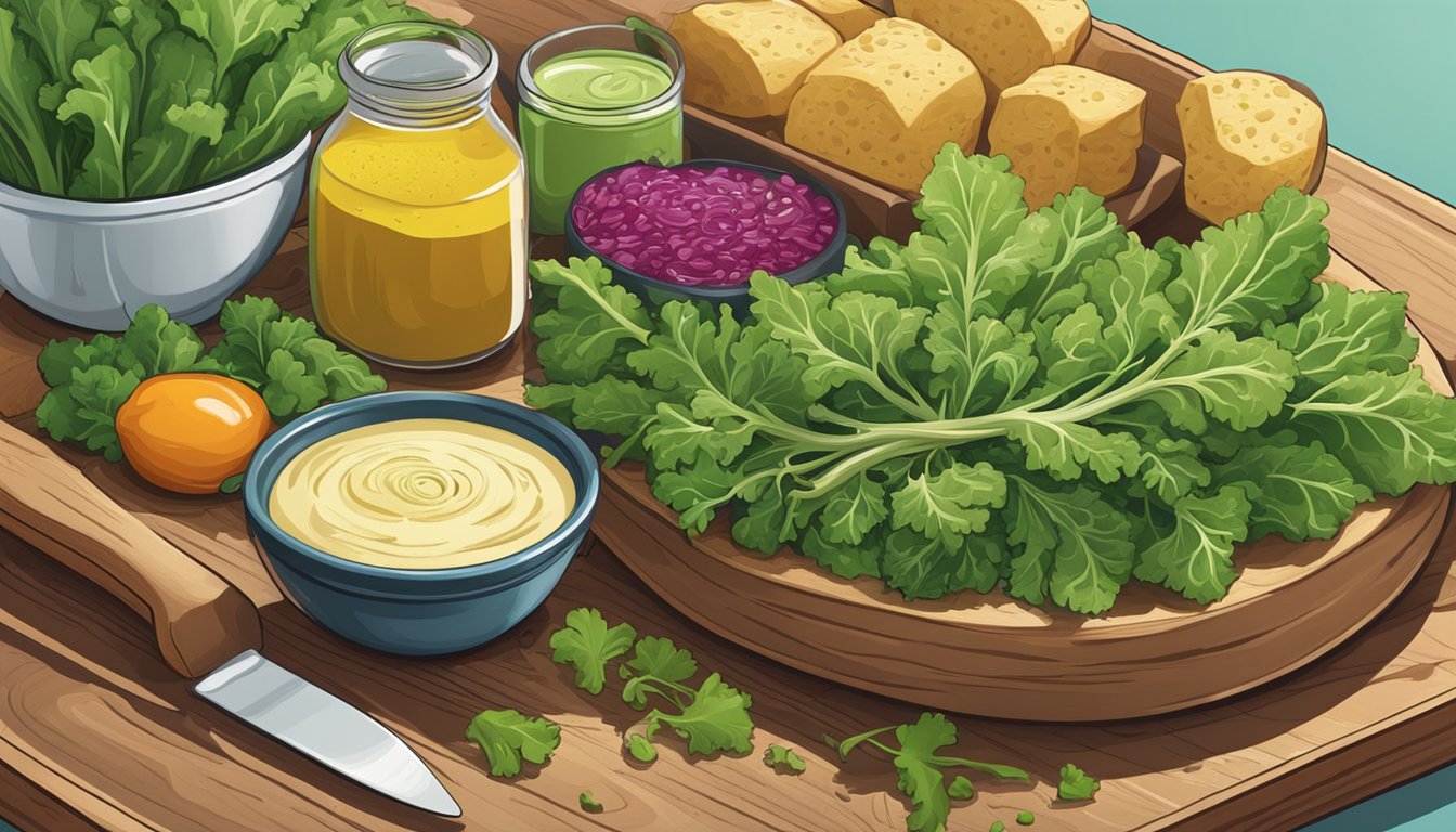 A vibrant bunch of mustard greens, fresh and crisp, sits on a wooden cutting board, surrounded by colorful vegetables and a bowl of dressing