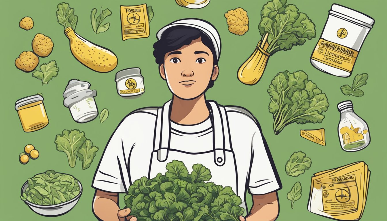 A person holding a bunch of raw mustard greens, with a questioning expression on their face, surrounded by various food safety symbols and warning signs