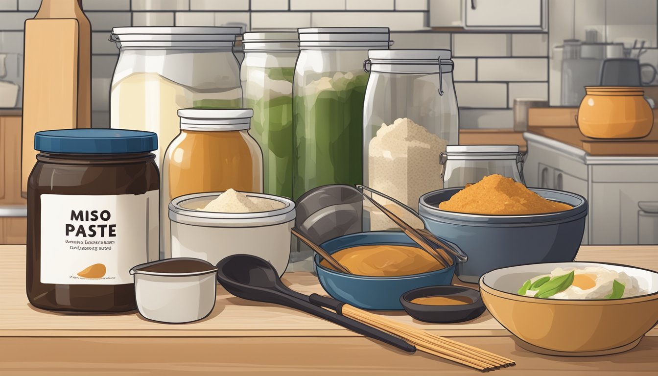 A jar of miso paste with a visible expiration date, surrounded by various ingredients and cooking utensils on a clean kitchen counter