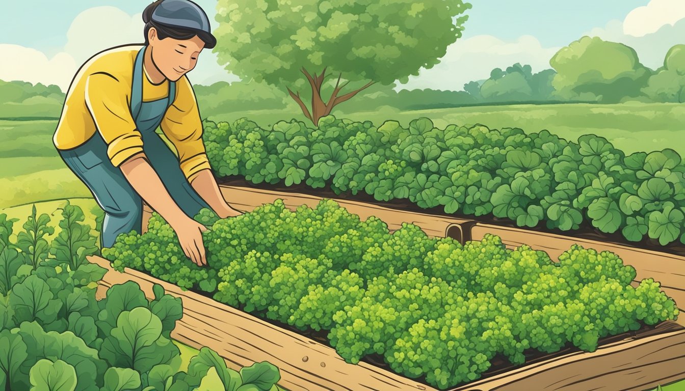 A person picking fresh mustard greens from a garden, with a focus on the vibrant green leaves and the surrounding plants