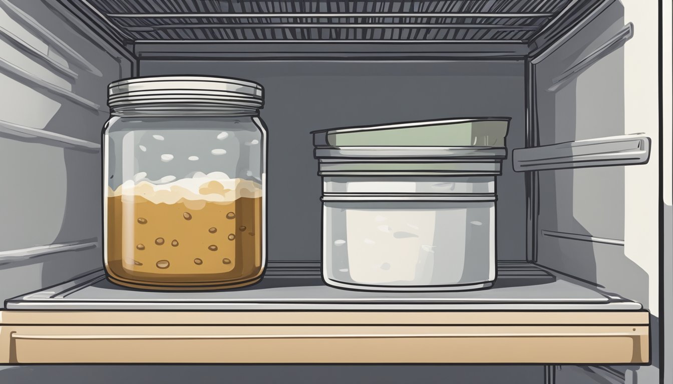 A jar of miso paste sits on a shelf, next to a refrigerator. The lid is slightly ajar, and there are visible signs of mold on the surface of the paste