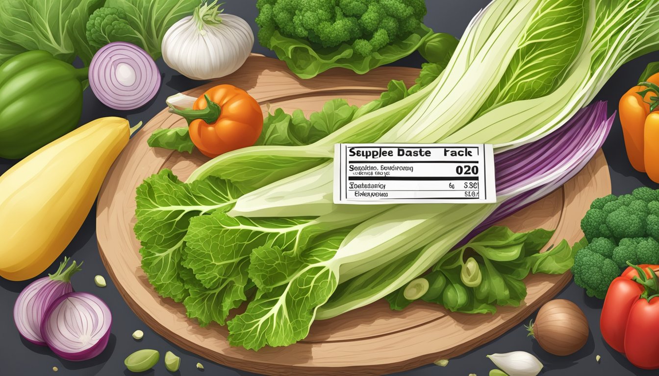 A vibrant endive leaf surrounded by other fresh vegetables, with a nutrition label in the background