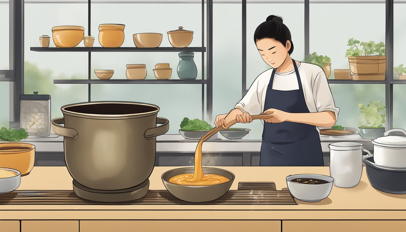 A bowl of miso paste being mixed into a steaming pot of soup, adding depth and umami flavor to the dish