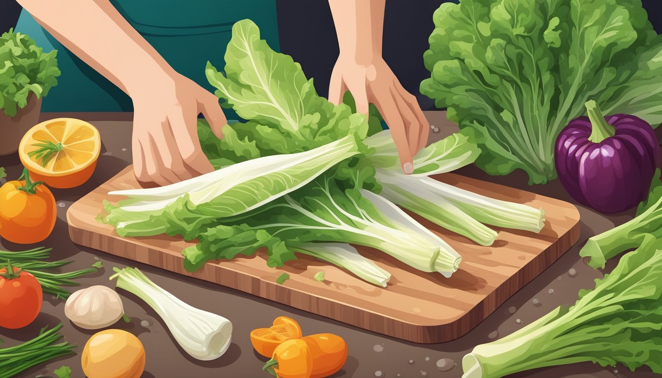 A person holding a fresh endive with water droplets on the leaves, surrounded by other colorful vegetables on a cutting board