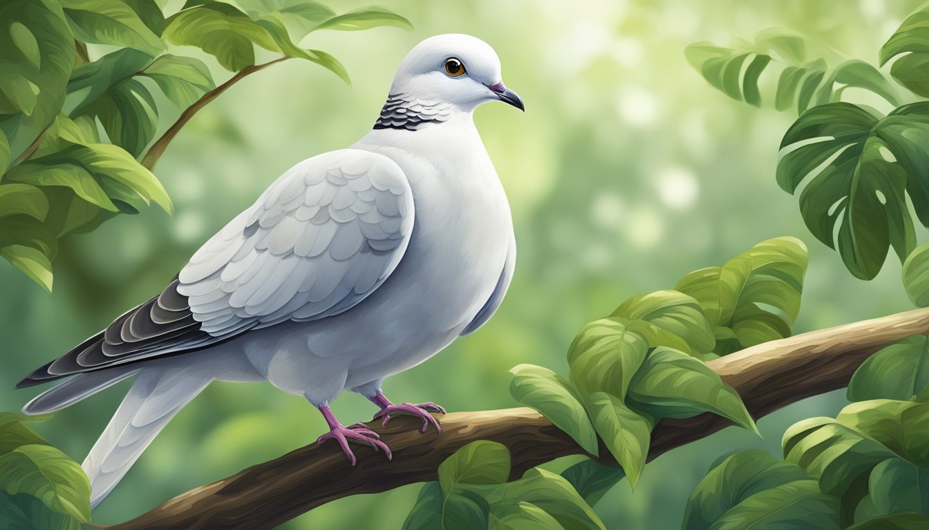 A dove perched on a tree branch, surrounded by lush green foliage, with a sense of curiosity and cautiousness in its eyes