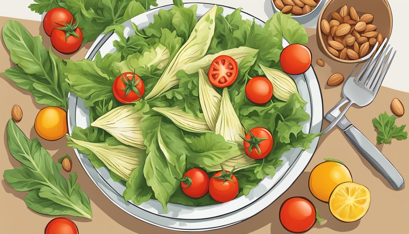 A colorful salad bowl filled with fresh endive leaves, cherry tomatoes, and sliced almonds, ready to be enjoyed