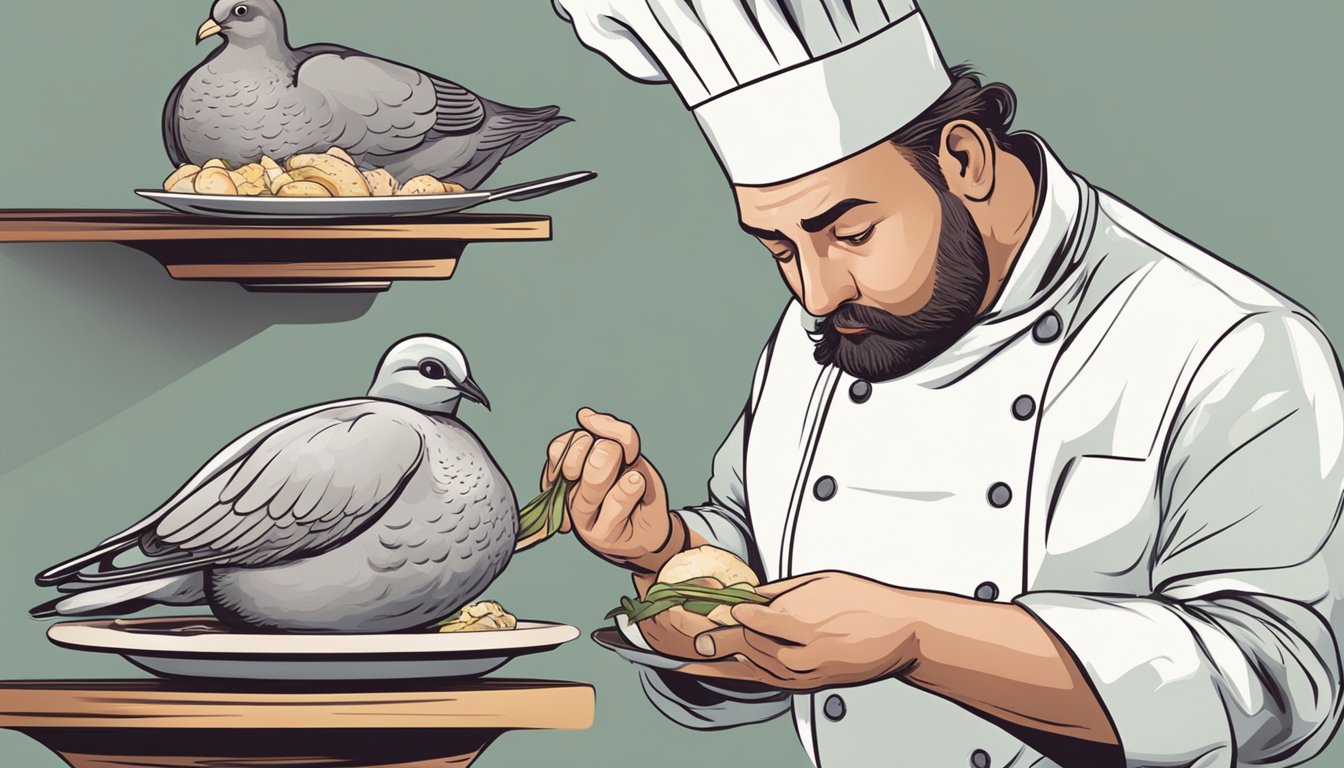 A chef inspecting a partially cooked dove with a concerned expression