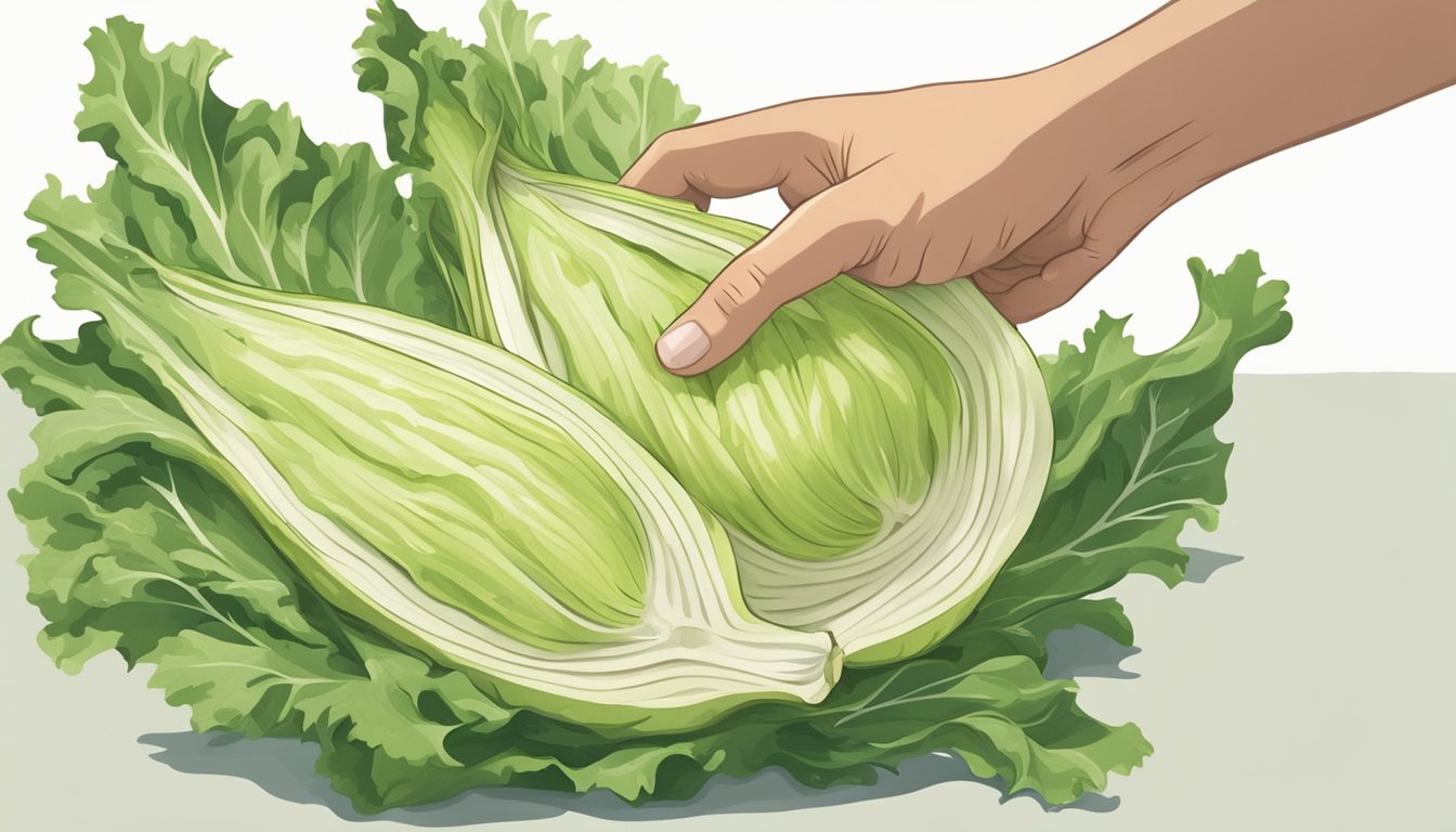 A person holding a raw endive, inspecting it closely for freshness and safety before deciding whether to eat it