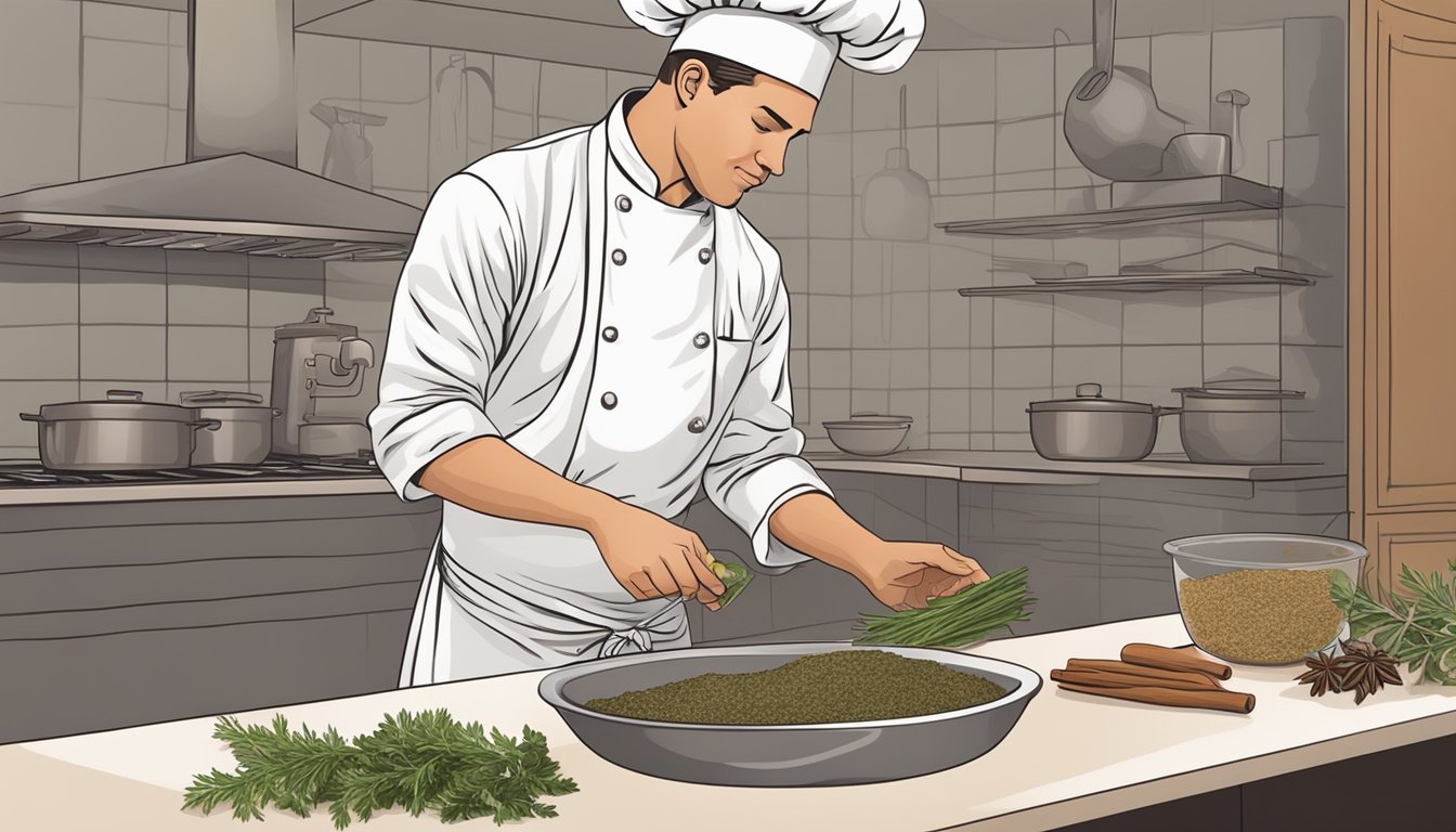 A chef seasoning a dove with herbs and spices before placing it in the oven for cooking