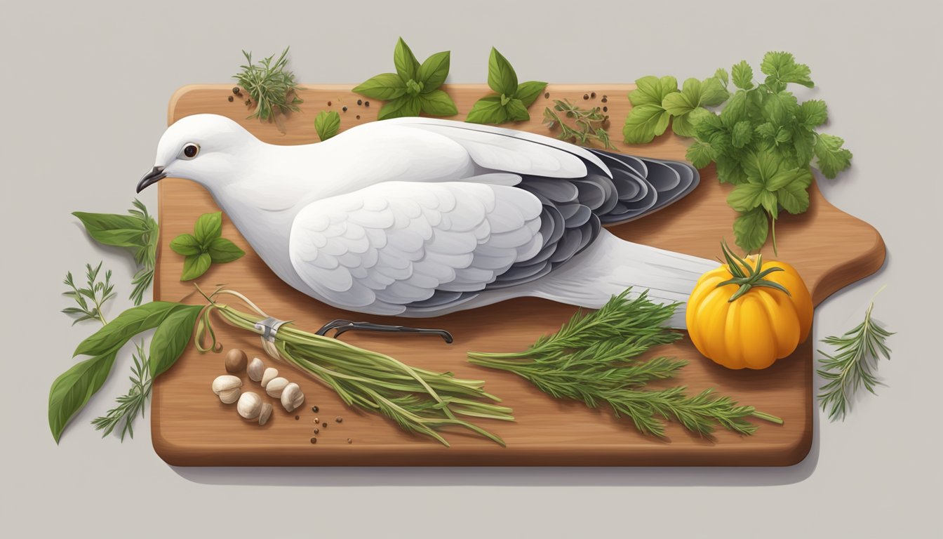 A dove lying on a cutting board with a thermometer inserted into its breast, surrounded by herbs and seasonings