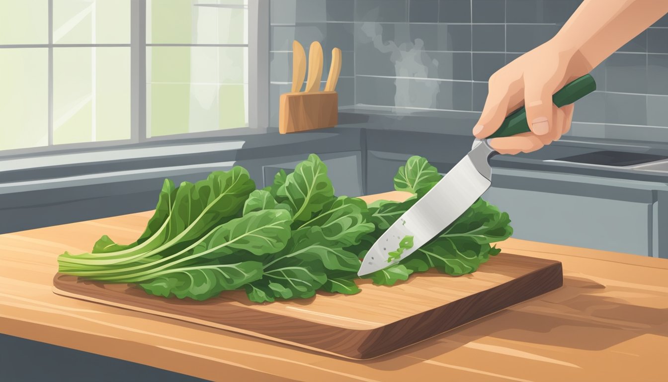 A cutting board with fresh Swiss chard leaves being washed under running water, then sliced into ribbons with a sharp knife