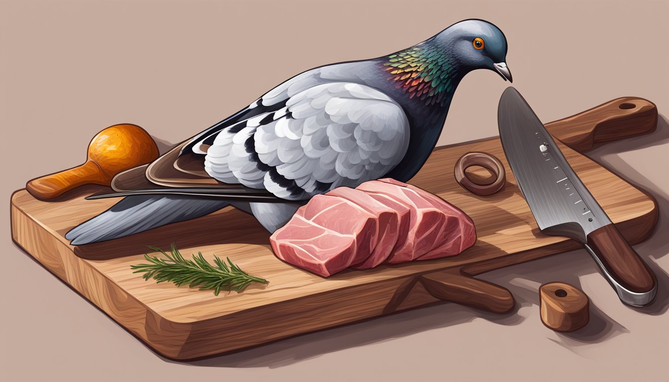 A pigeon carcass on a cutting board with a chef's knife and a thermometer inserted into the meat