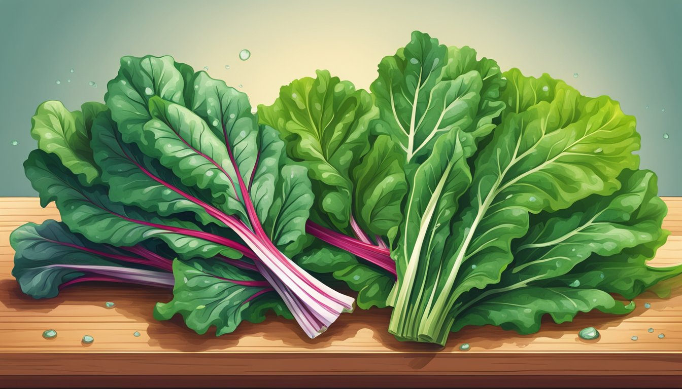 A colorful bunch of raw Swiss chard leaves and stems arranged on a cutting board, with drops of water glistening on the vibrant, leafy greens