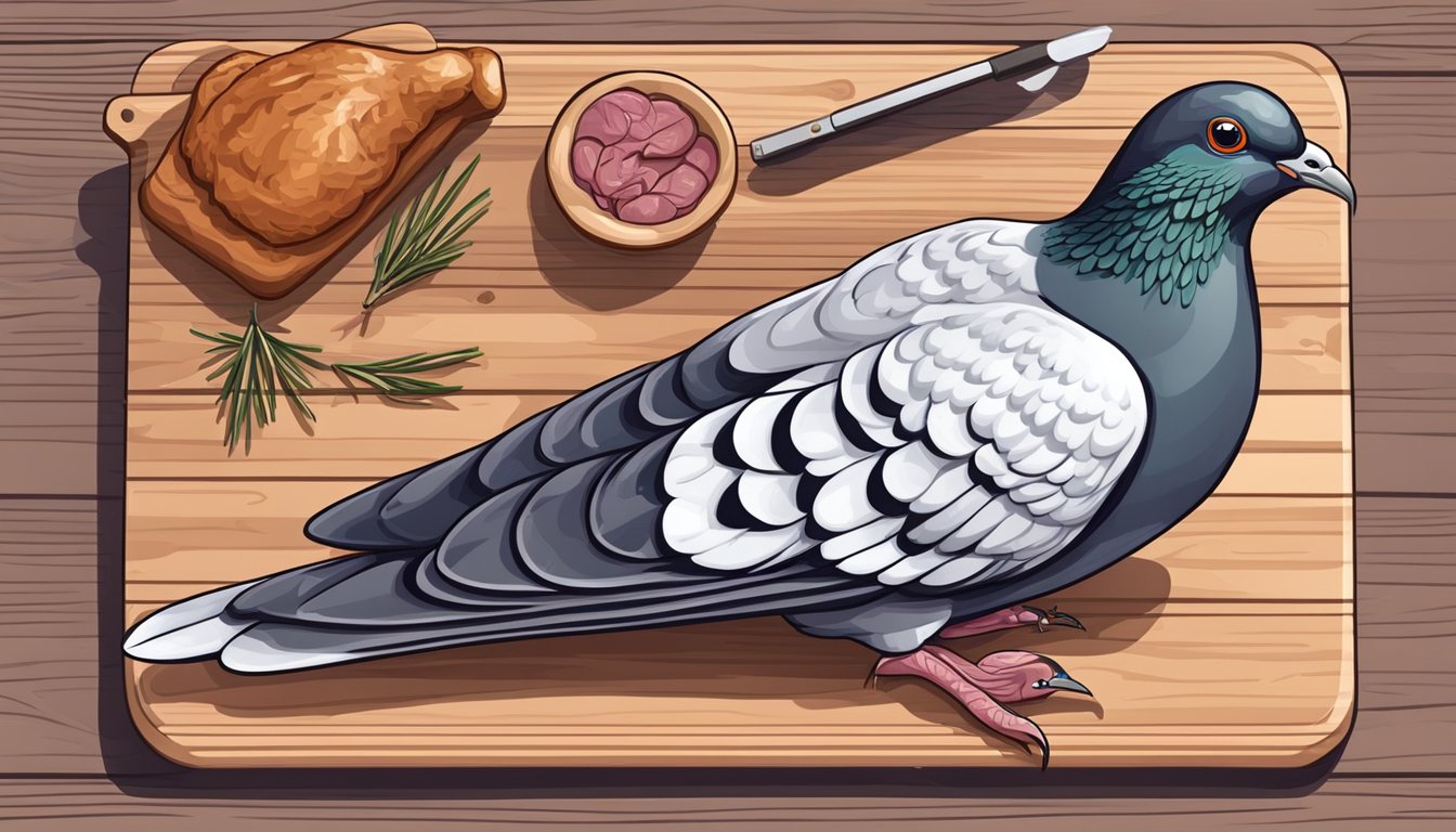 A pigeon lying on a cutting board with a thermometer inserted into its undercooked meat