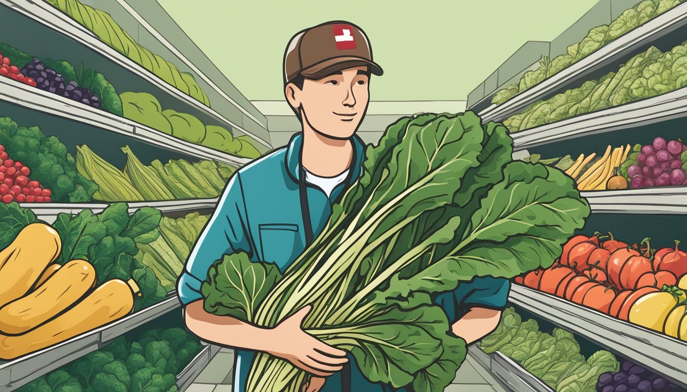 A person holding a bunch of raw swiss chard, with a question mark above their head. A pile of fresh produce sits nearby