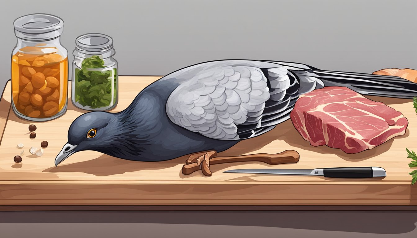 A pigeon carcass on a cutting board with a chef's knife and a meat thermometer