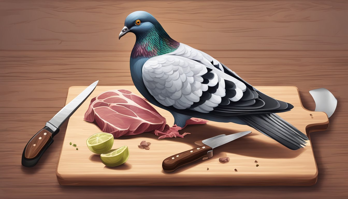 A pigeon carcass on a cutting board, with a chef's knife slicing into the breast meat