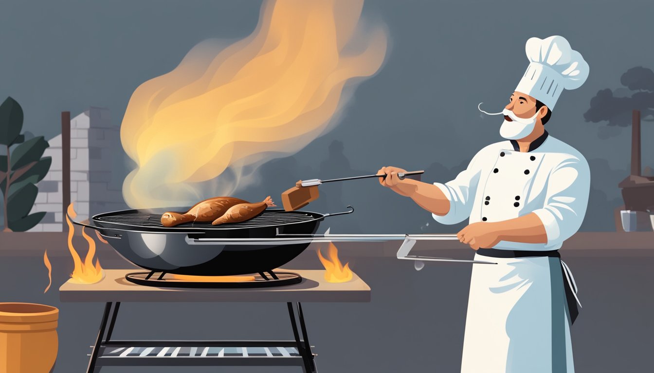 A chef grilling a pigeon on a barbecue, with smoke rising and a thermometer checking the internal temperature