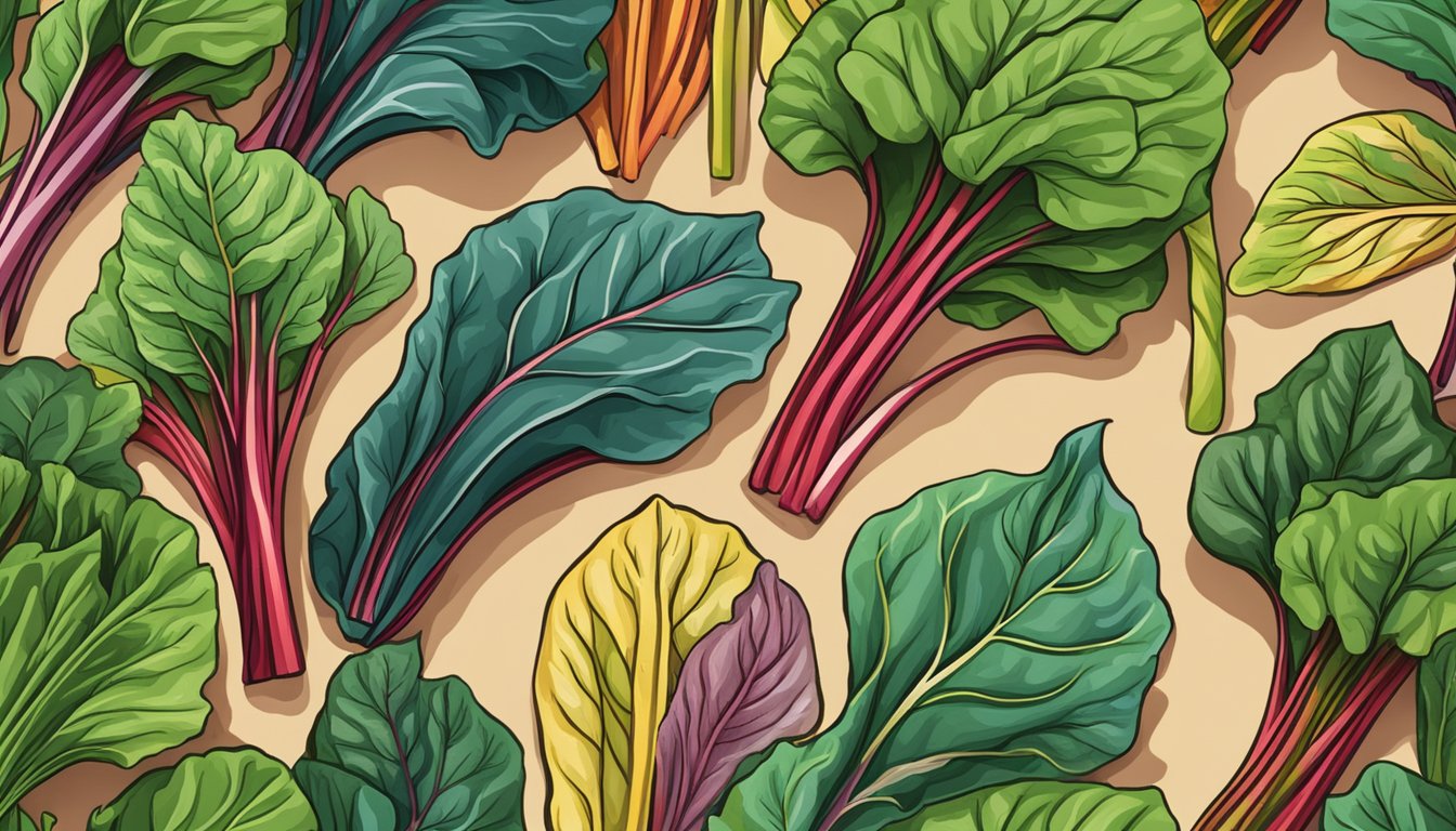 A colorful array of Swiss chard leaves, including red, green, and rainbow varieties, displayed on a wooden cutting board