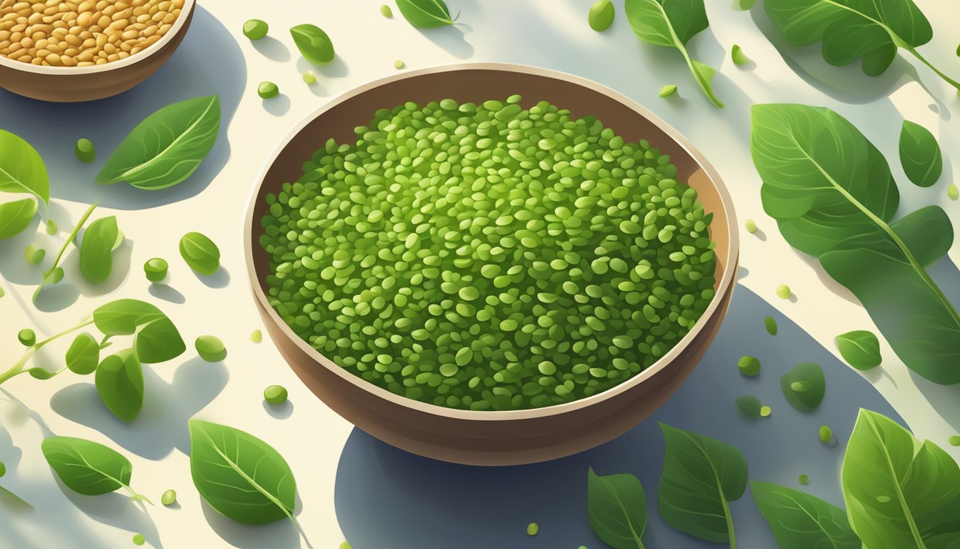 A bowl of fresh lentil sprouts surrounded by vibrant green leaves and a scattering of whole lentils, with a beam of sunlight shining down on the scene