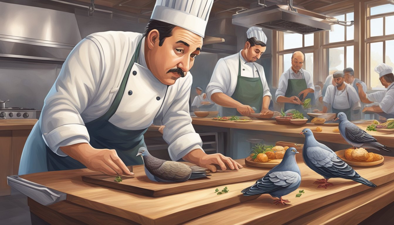 A chef nervously inspects a partially cooked pigeon on a cutting board, while diners eagerly await their meals