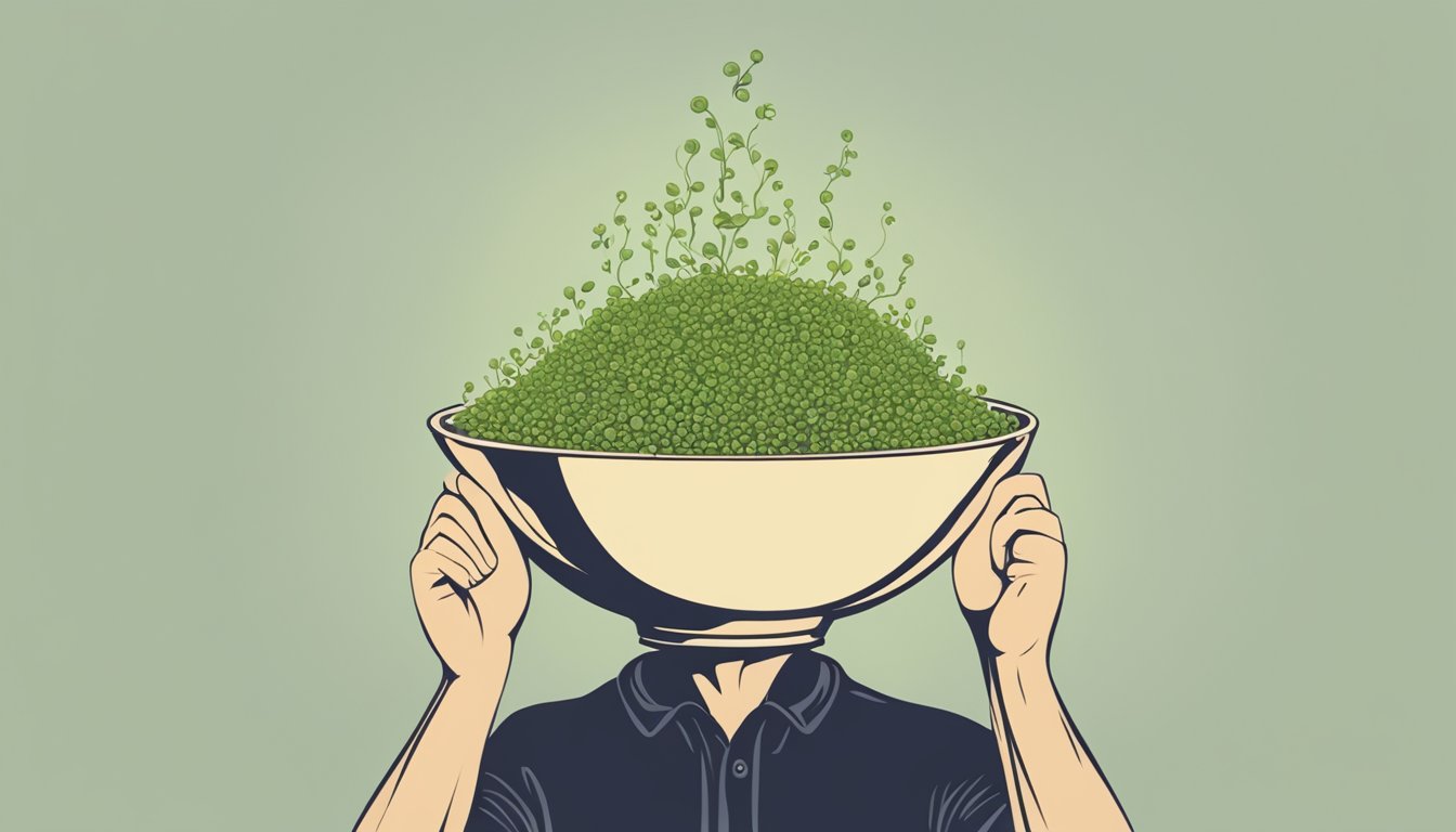 A person holding a bowl of raw lentil sprouts with a question mark above their head