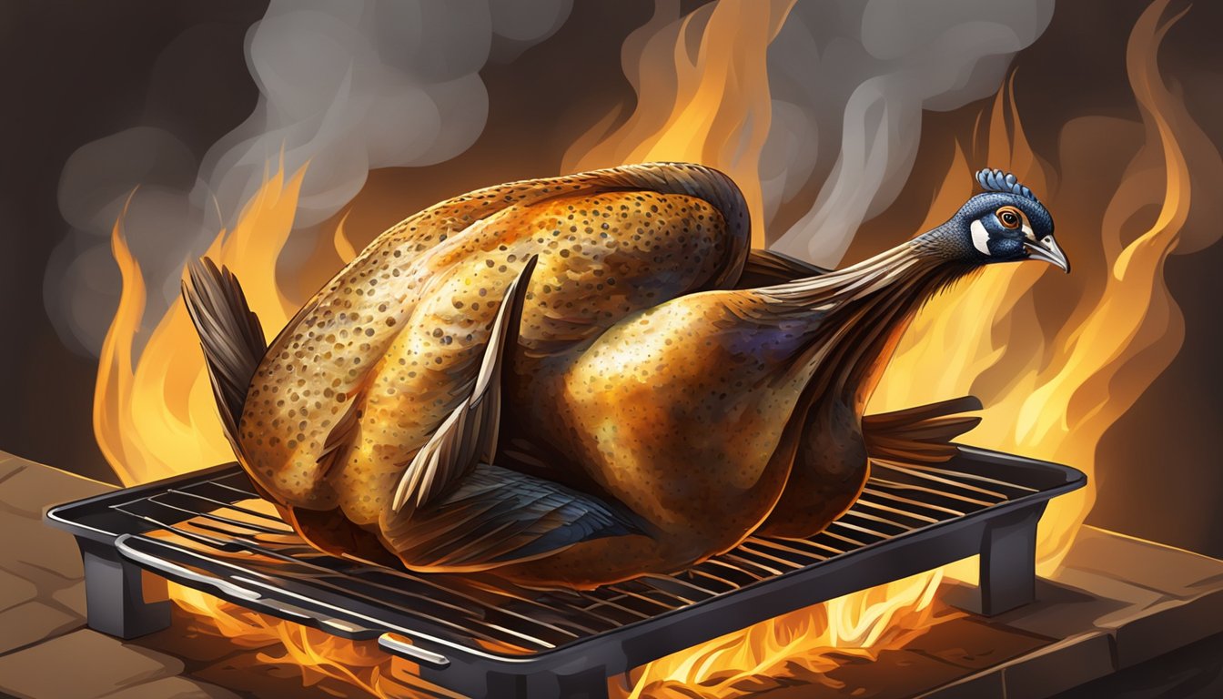 A guinea fowl roasting on a spit over an open flame, with the skin turning golden brown and juices sizzling as it cooks