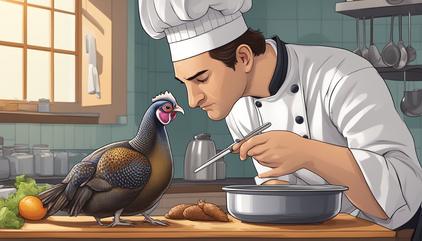 A chef examines a partially cooked guinea fowl with a concerned expression, holding a meat thermometer