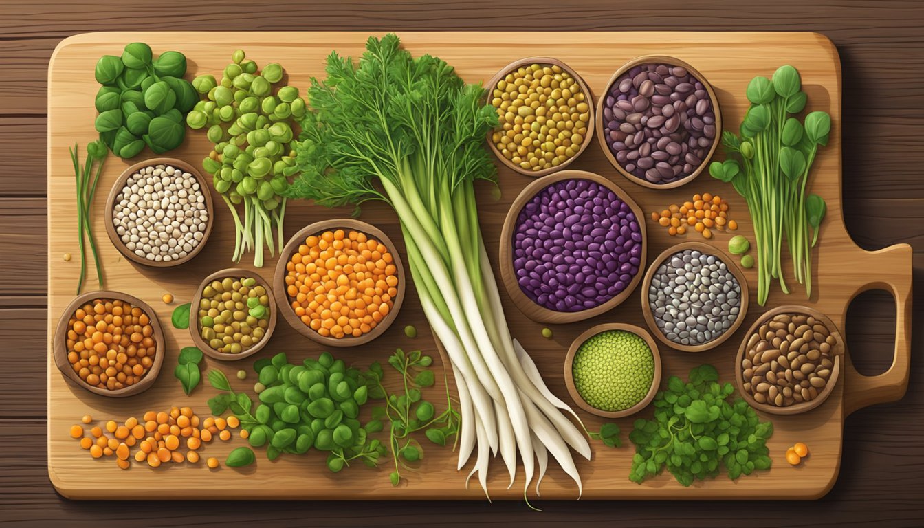 A colorful array of lentils and sprouts arranged on a wooden cutting board, with vibrant green and brown hues