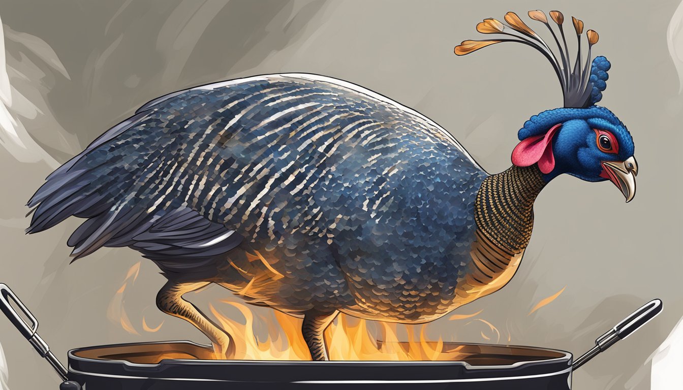 A guinea fowl being cooked on a grill over an open flame