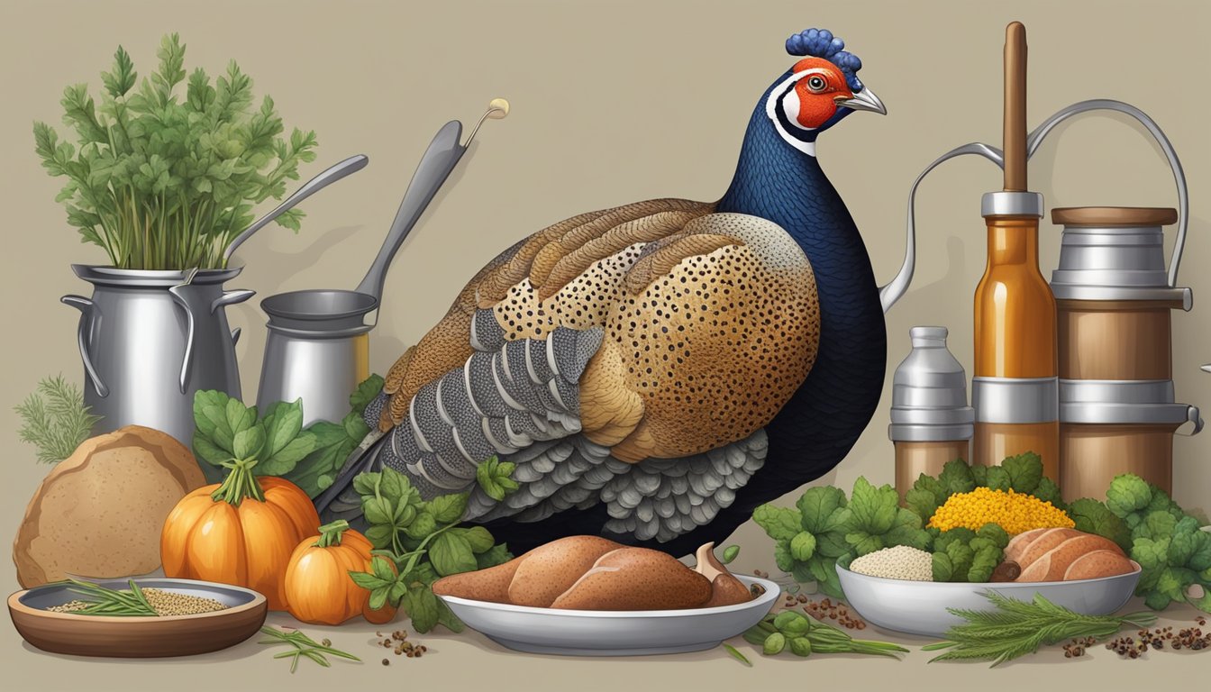 A guinea fowl surrounded by a variety of herbs, spices, and cooking utensils, with a thermometer inserted into the meat