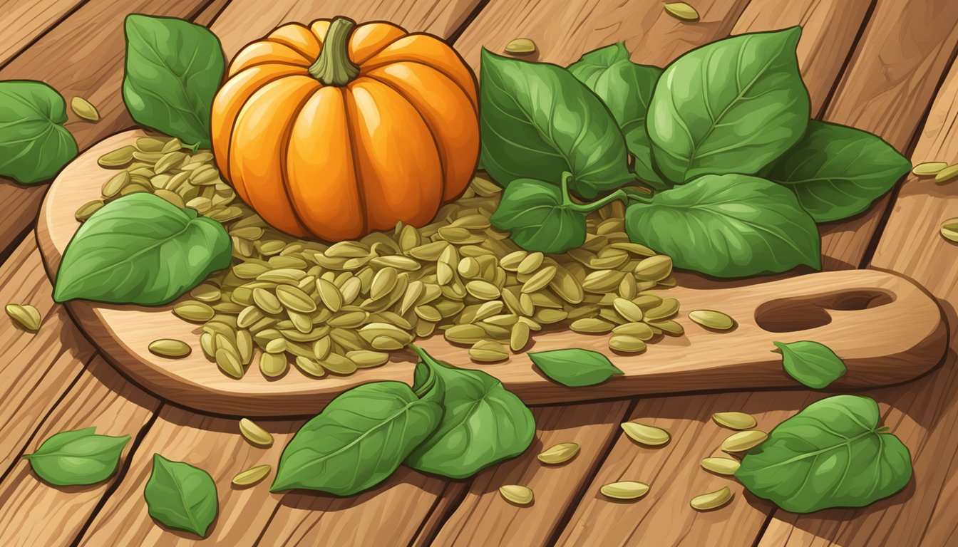 A handful of raw pumpkin seeds scattered on a wooden cutting board, surrounded by fresh, vibrant green pumpkin leaves