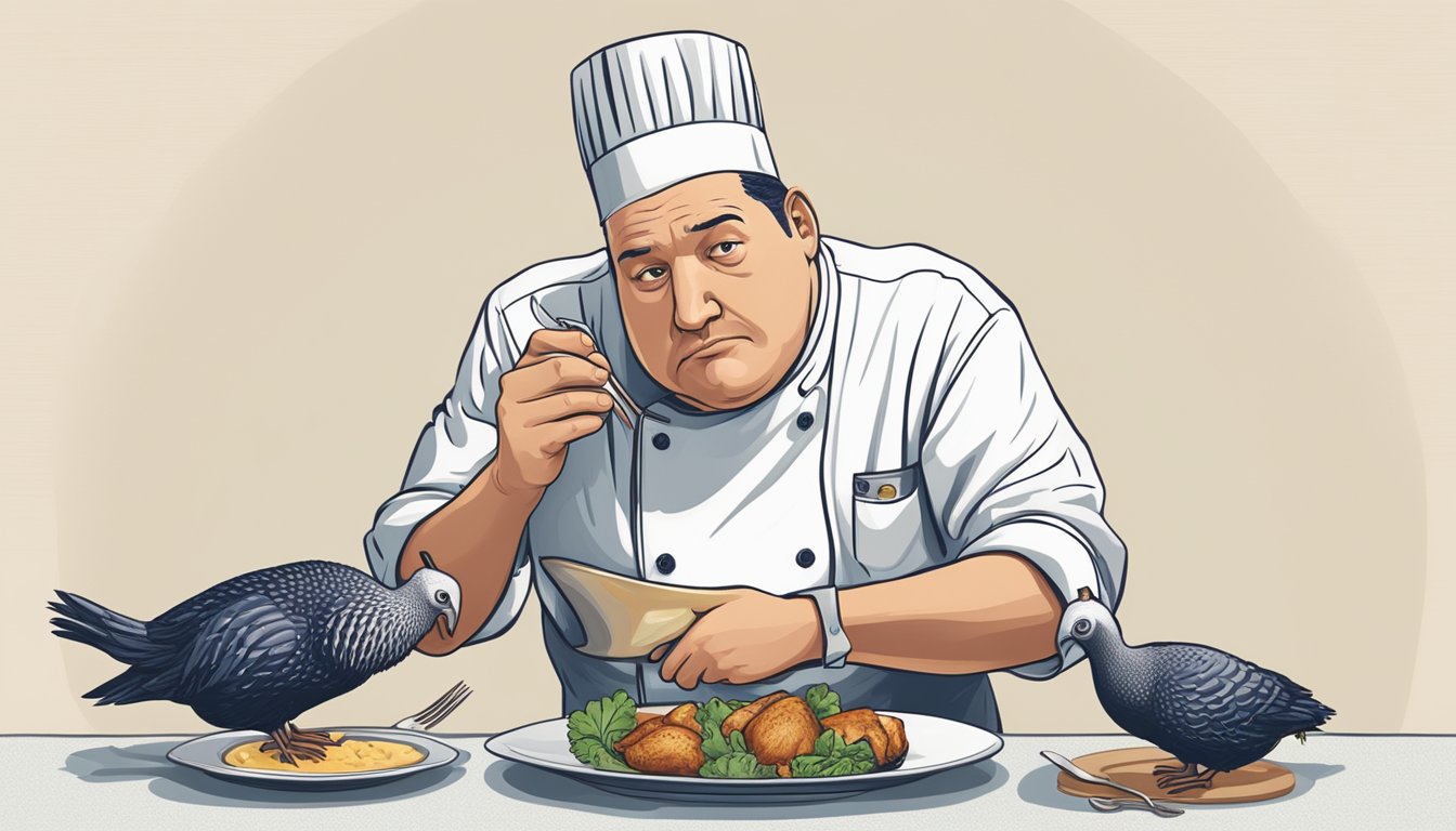 A chef tasting undercooked guinea fowl with a worried expression