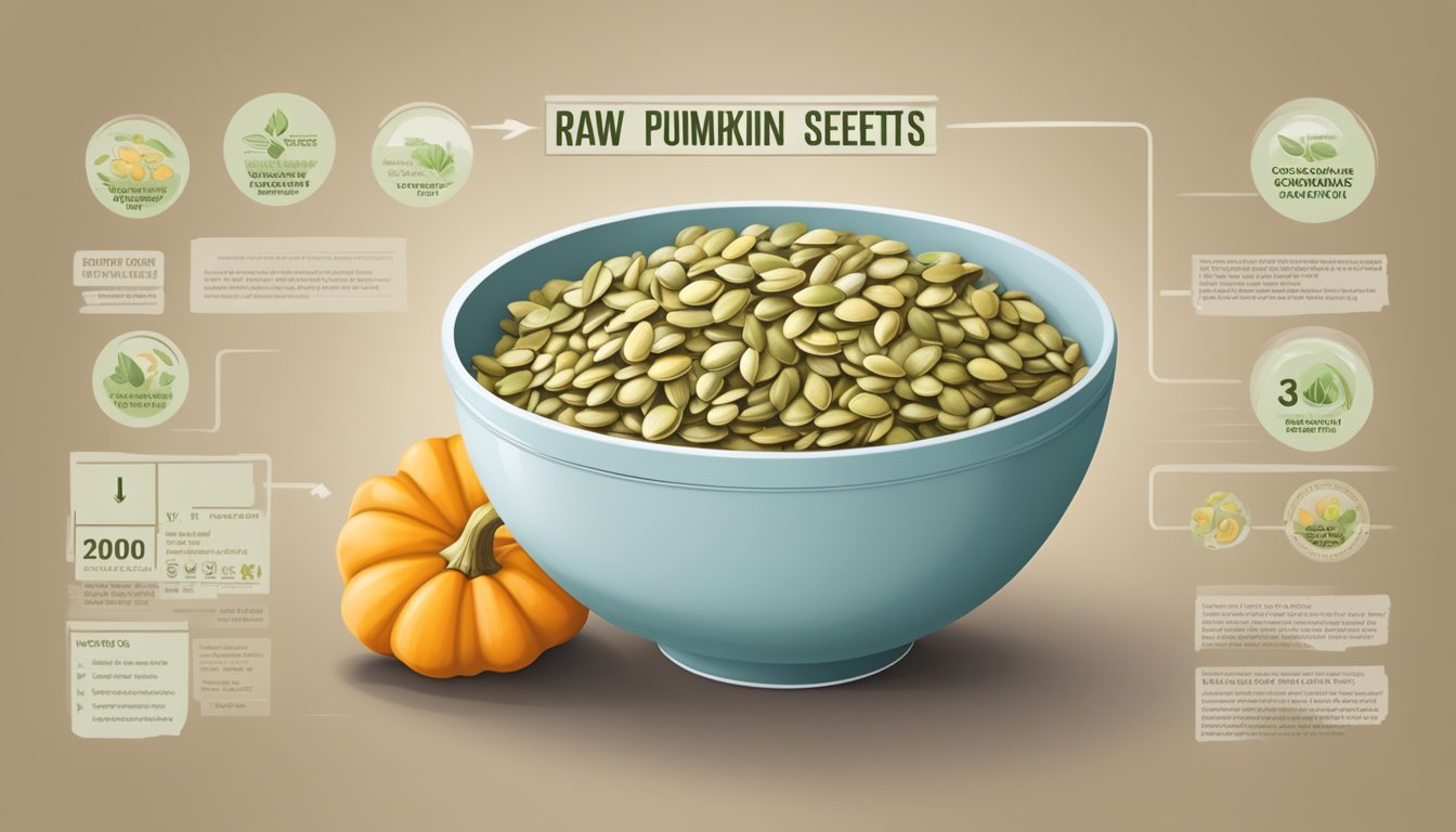 A bowl of raw pumpkin seeds with a label indicating nutritional information and a symbol indicating food safety considerations