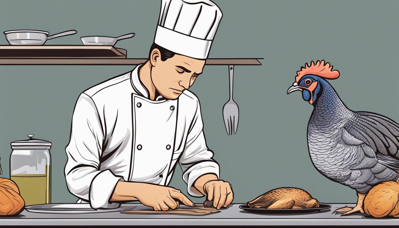 A chef examining a partially cooked guinea fowl with a concerned expression