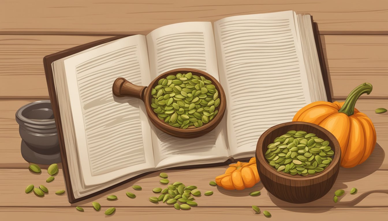 A rustic wooden table with a pile of raw pumpkin seeds, a mortar and pestle, and a recipe book open to a page on nutritional information