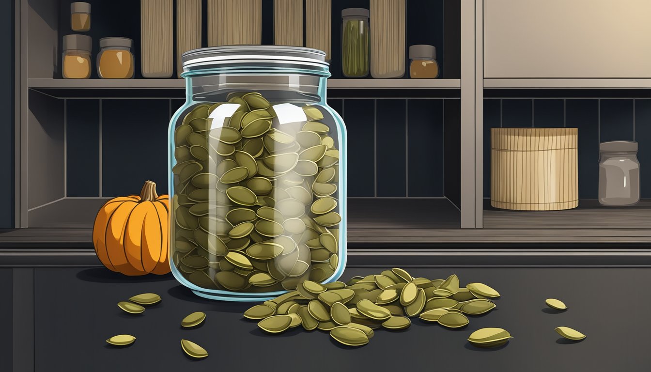 A glass jar filled with pumpkin seeds, sealed with a lid, and stored in a cool, dark pantry