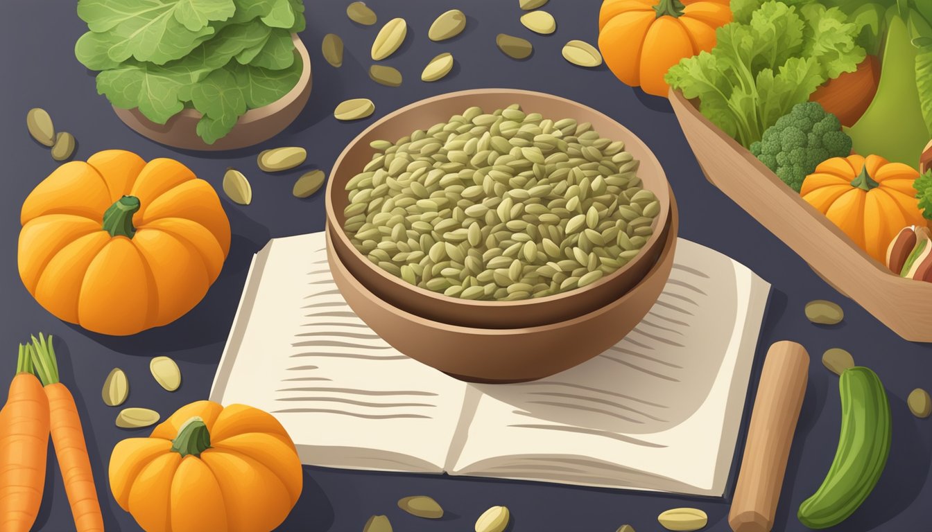 A bowl of raw pumpkin seeds surrounded by fresh fruits and vegetables, with a dietary advice pamphlet nearby