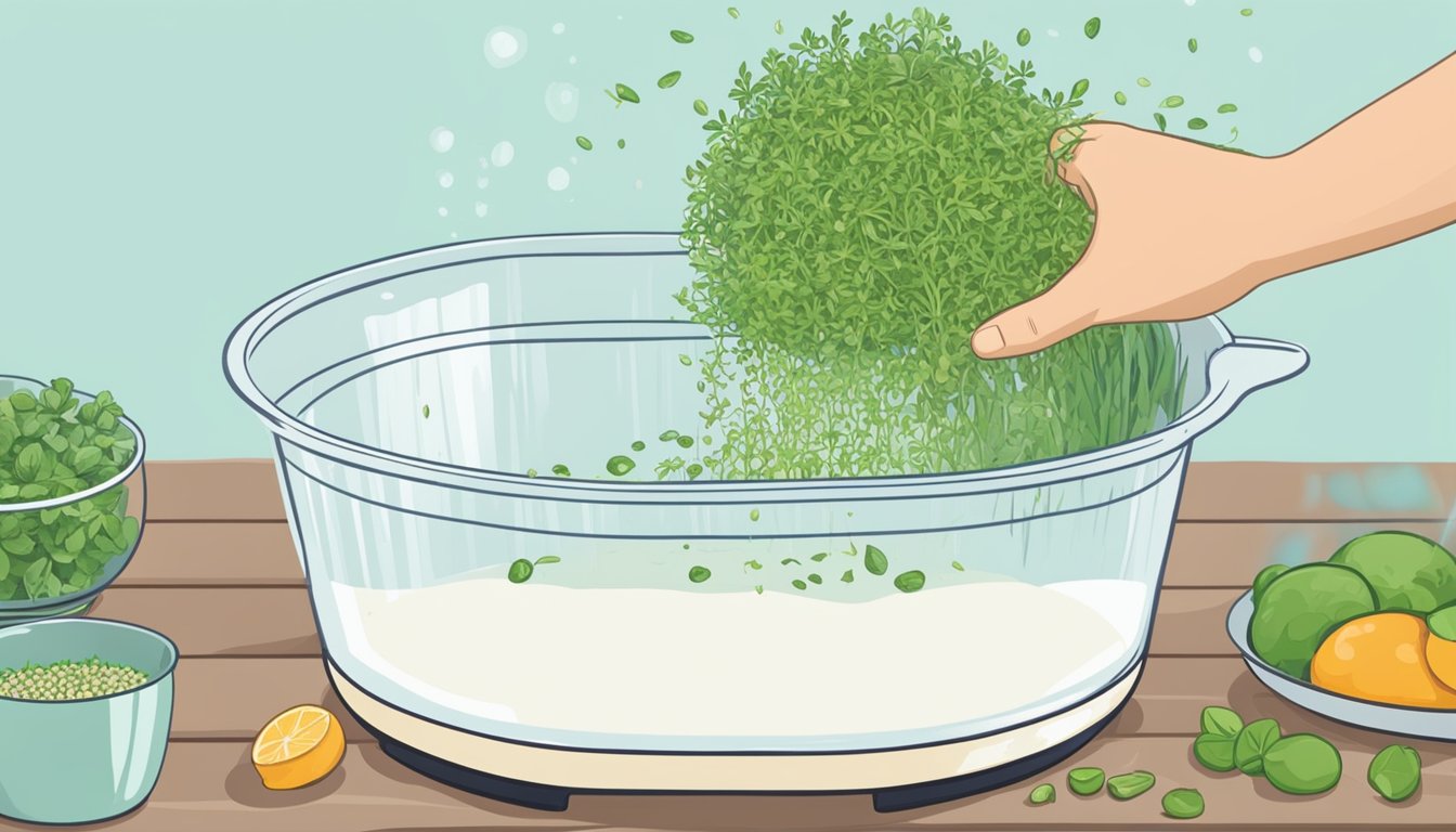 A person rinsing alfalfa sprouts under running water before placing them in a salad spinner to dry