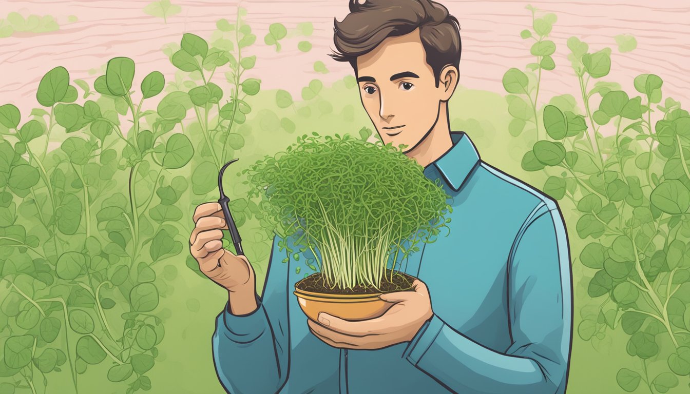 A person holding a bunch of fresh alfalfa sprouts, with a question mark hovering above them. A magnifying glass hovers nearby, emphasizing the scrutiny of the sprouts' safety