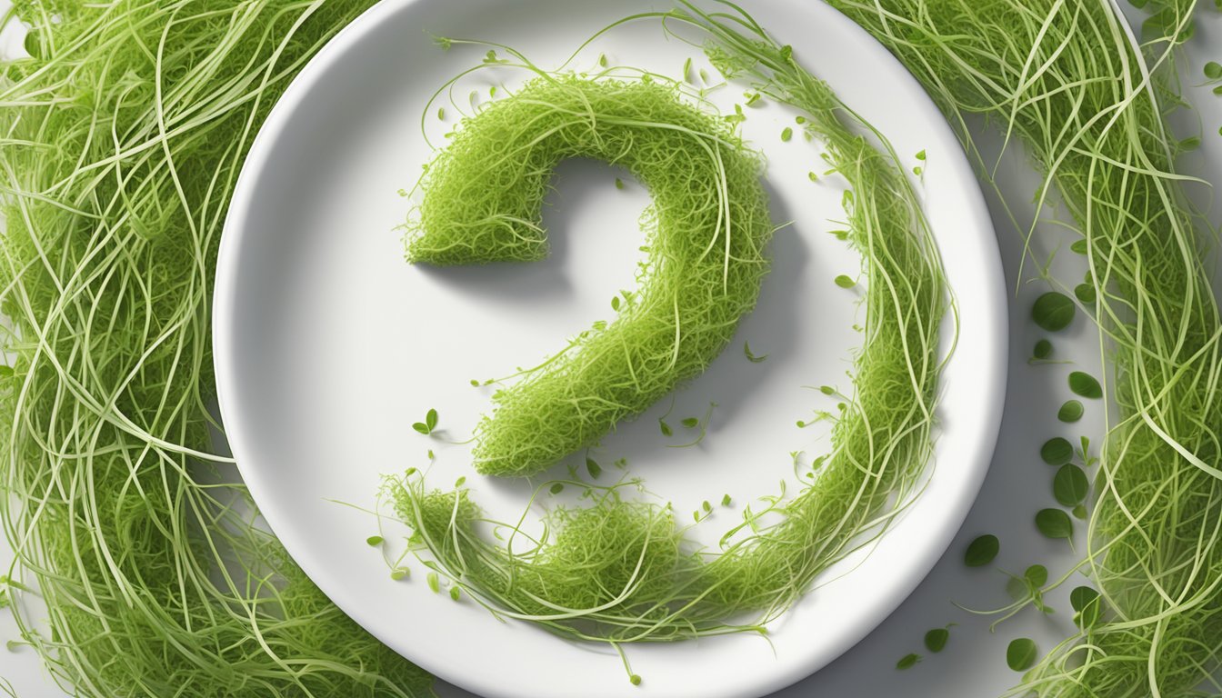 A plate of raw alfalfa sprouts with a question mark above it