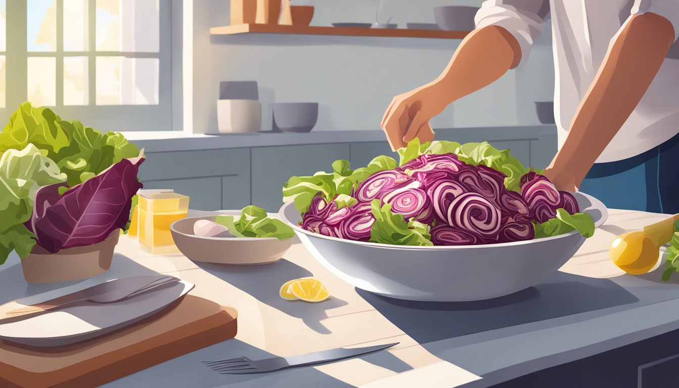 A vibrant radicchio salad being prepared with fresh ingredients in a sunlit kitchen