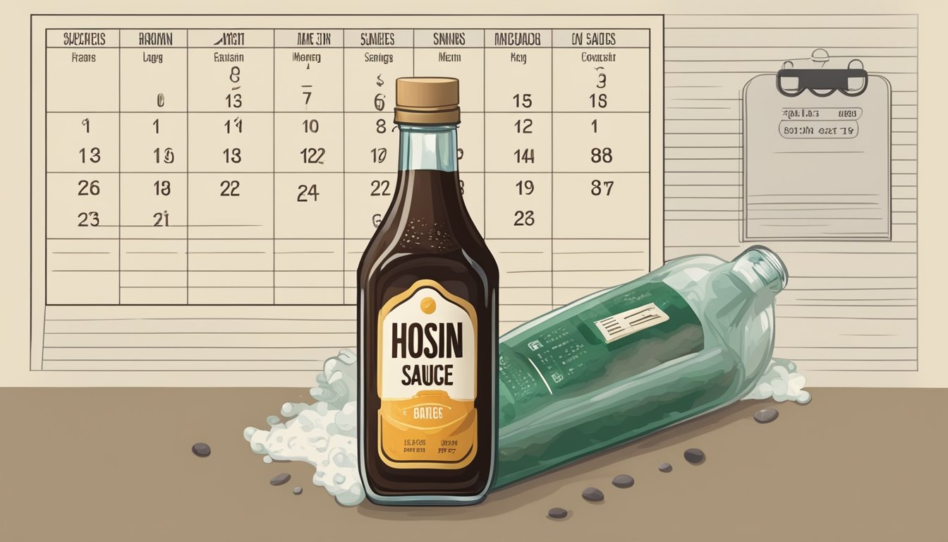 A bottle of hoisin sauce with a visibly moldy and discolored surface, sitting next to a calendar showing an expired date